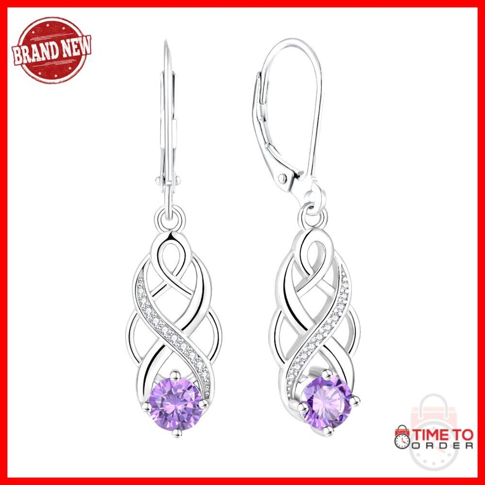 925 Sterling Silver Celtic Knot Leverback Earrings with Birthstone